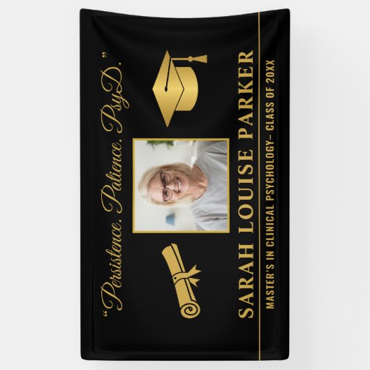 Foto PsyD Afstuderen 2025 Quote Zwart en Goud Spandoek (Verticaal)