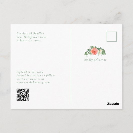 Foto QR Code Budget Floral Save the Date Briefkaar Briefkaart (Achterkant)