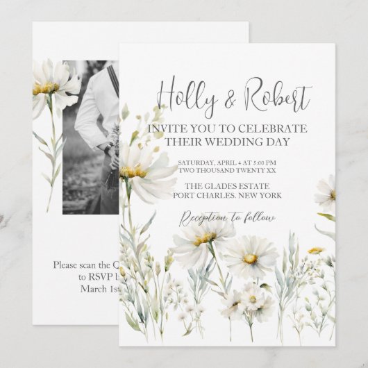 Foto QR Code Daisy Wedding Kaart (Voorkant / Achterkant)