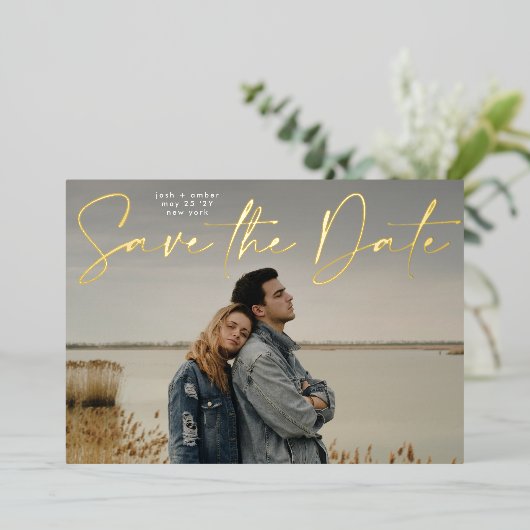 Foto QR code Gold Foil Save the Date Kaart (Staand Voorkant)