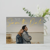 Foto QR-code goud folie Save The Date kaart (Staand Voorkant)