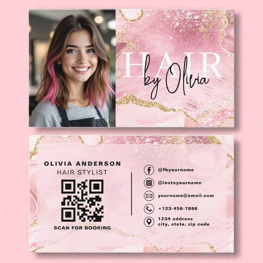 Foto QR Code Hair Stylist Roze Agaat Marmer Visitekaartje