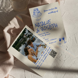 Foto QR-code handgetekende blauwe cake linten Huwe Kaart