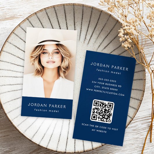 Foto QR code mode donkerblauwe visitekaartjes