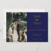 Foto QR Code Navy Blue Gold Elegant Weddenschap Save The Date (Voorkant)