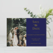 Foto QR Code Navy Blue Gold Elegant Weddenschap Save The Date (Staand voorkant)