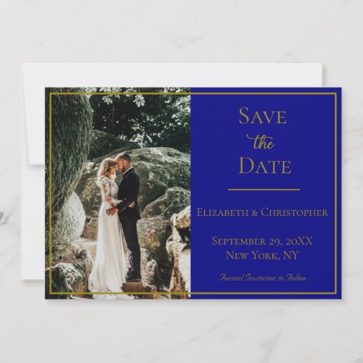Foto QR Code Navy Blue Gold Elegant Weddenschap Save The Date (Voorkant)