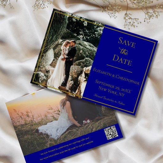 Foto QR-code Navyblauw Goud Elegante Trouw  Save The Date