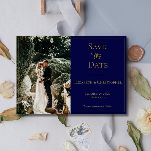 Foto QR-code Navyblauw Goud Elegante Trouw Save The Date