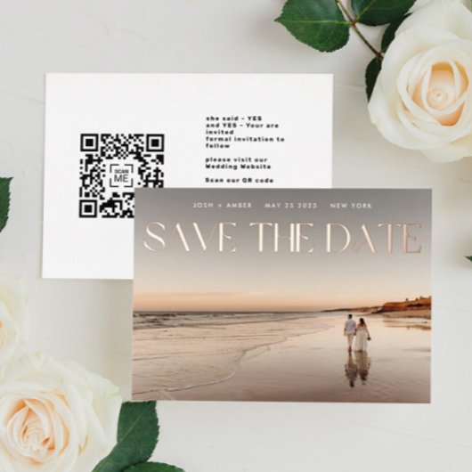 Foto QR code Roos Gold Foil Save the Date Kaart