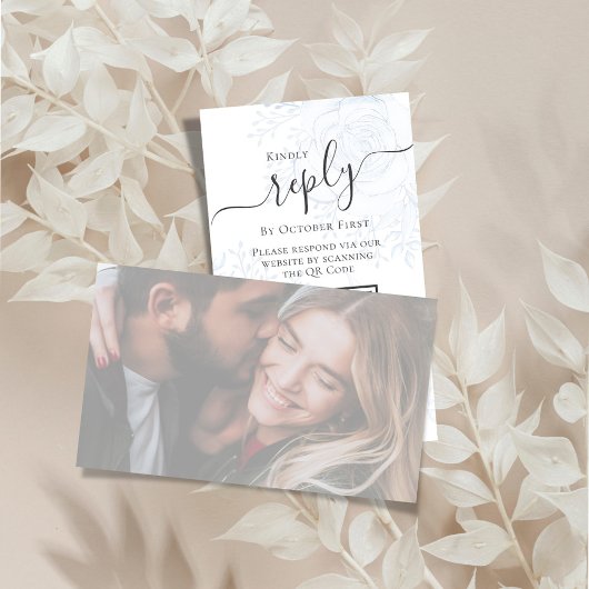 Foto QR code RSVP online blauw bloemig elegant Informatiekaartje