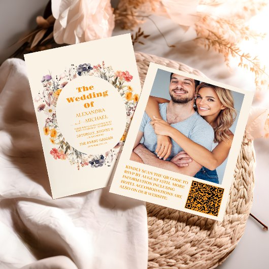 Foto QR Code Wildflower Krans Groen Bruiloft Kaart