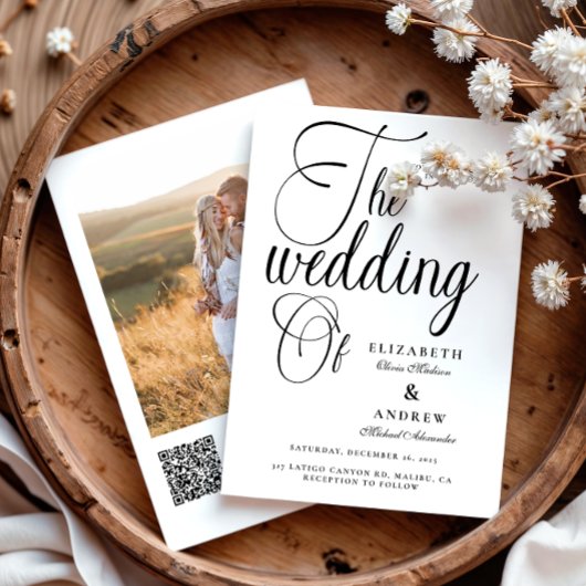 Foto QR Modern Black Script Wedding Kaart