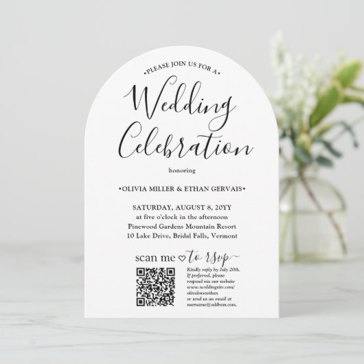 Foto & QR RSVP Eenvoudig Script Huwelijksfeest Kaart (Staand voorkant)