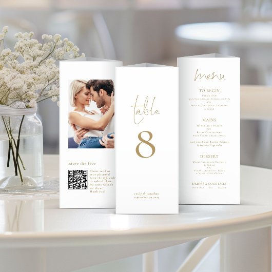 Foto QR Trifold Gold Wedding Menu Tafelnummer