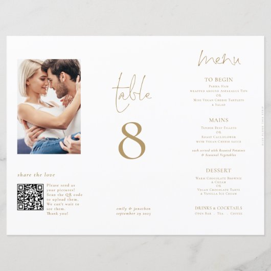 Foto QR Trifold Gold Wedding Menu Tafelnummer (Voorkant)
