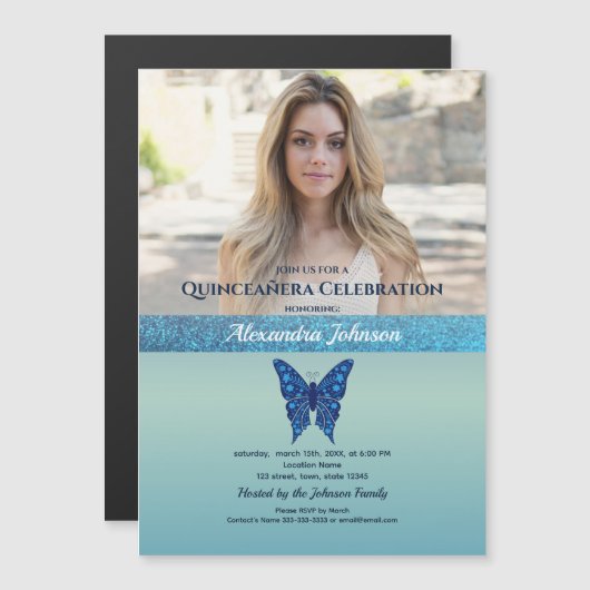 Foto Quinceanera Glitter Blue Butterfly Magnetische Uitnodiging (Voorkant / Achterkant)