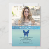 Foto Quinceanera Glitter Blue Butterfly Magnetische Uitnodiging (Voorkant)