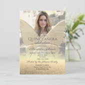 Foto Quinceanera Glitter Gouden Vlinder Kaart (Staand voorkant)