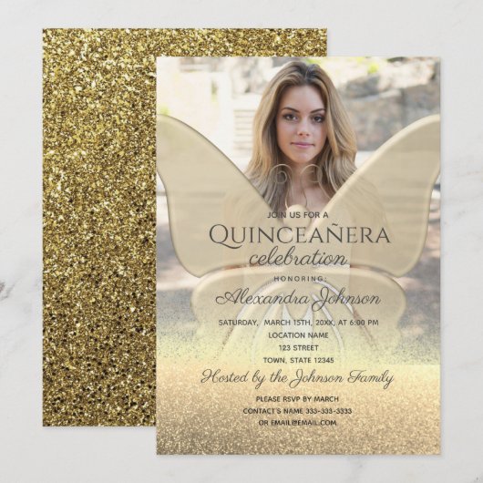 Foto Quinceanera Glitter Gouden Vlinder Kaart (Voorkant / Achterkant)