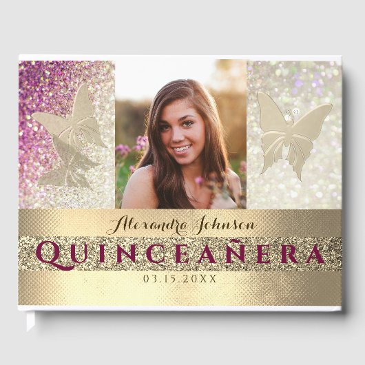 Foto Quinceanera Glitter Pink Gastenboek (Voorkant)