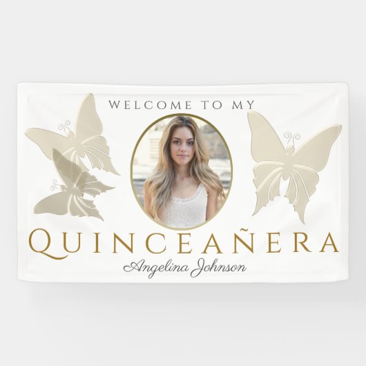 Foto Quinceanera gouden vlinder welkom Spandoek (Horizontaal)