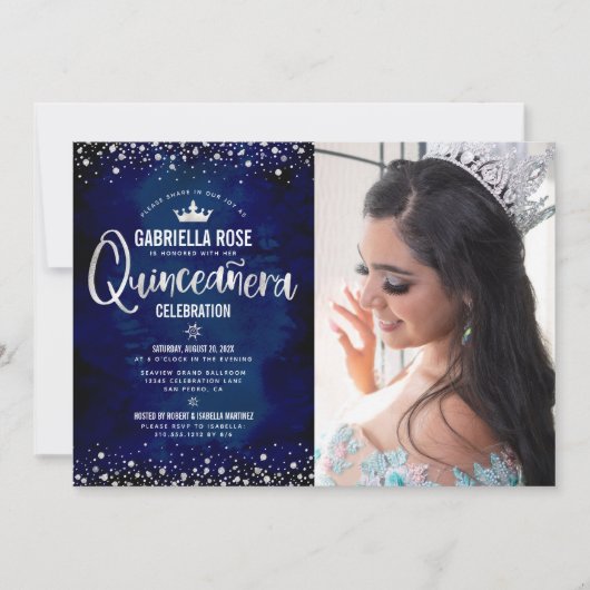 Foto Quinceañera Marine Zilver Glitter Script Kroo Kaart (Voorkant)