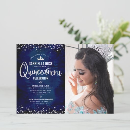 Foto Quinceañera Marine Zilver Glitter Script Kroo Kaart (Staand voorkant)