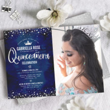 Foto Quinceañera Navy Zilver Glitter Script Kroon