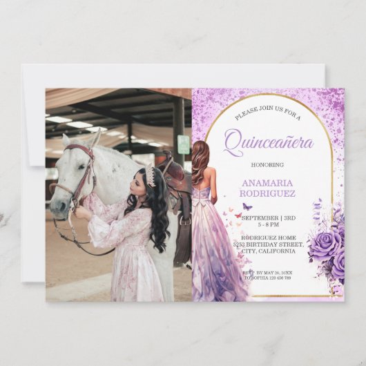 Foto Quinceañera Paarse jurk Bloemenvlinders Kaart (Voorkant)