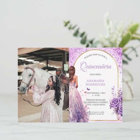 Foto Quinceañera Paarse jurk Bloemenvlinders Kaart (Staand voorkant)