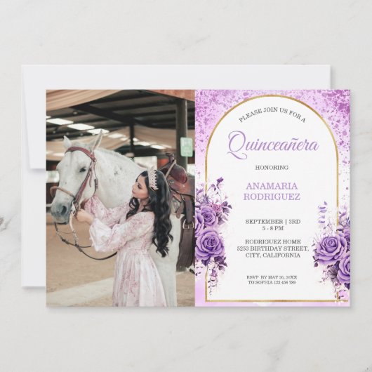 Foto Quinceañera Paarse Rozen Bloemenvlinders Kaart (Voorkant)