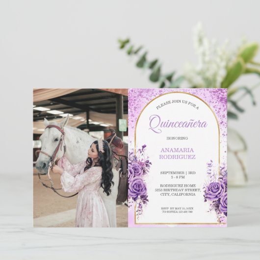 Foto Quinceañera Paarse Rozen Bloemenvlinders Kaart (Staand voorkant)