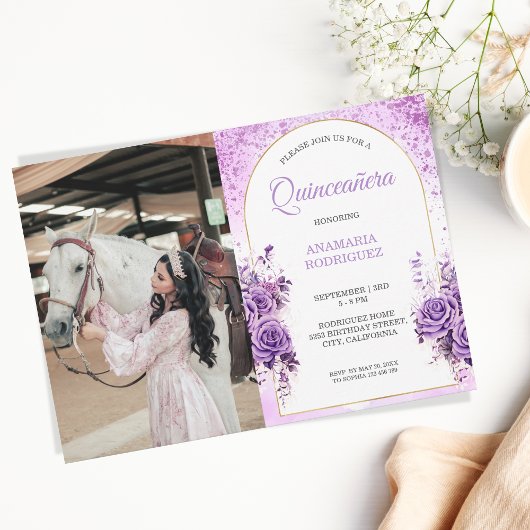 Foto Quinceañera Paarse Rozen Bloemenvlinders Kaart