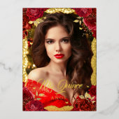 Foto: Quinceanera Red Rose Gold Lace Birthday Folie Uitnodiging (Voorkant)