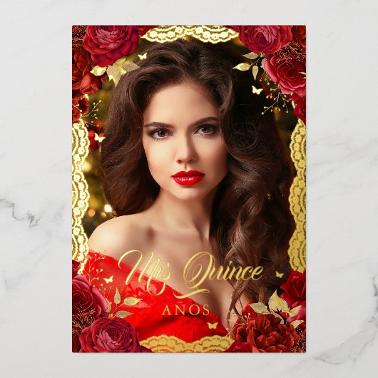Foto: Quinceanera Red Rose Gold Lace Birthday Folie Uitnodiging (Voorkant)