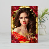 Foto: Quinceanera Red Rose Gold Lace Birthday Folie Uitnodiging (Staand Voorkant)