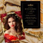 Foto: Quinceanera Red Rose Gold Lace Birthday Folie Uitnodiging