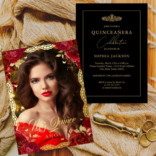 Foto: Quinceanera Red Rose Gold Lace Birthday Folie Uitnodiging