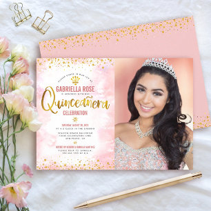 Foto Quinceañera Roze Gouden Glitter Tiara Kaart