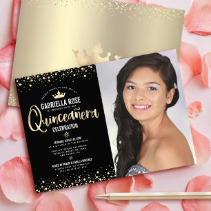 Foto Quinceañera Zwart Goud Glitter Tiara Girly Kaart