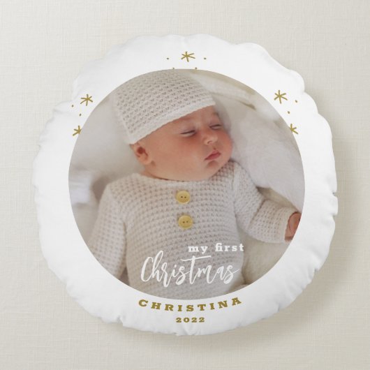 Foto R. Elegant 2-sided My First Kerstbaby Rond Kussen (Voorkant)