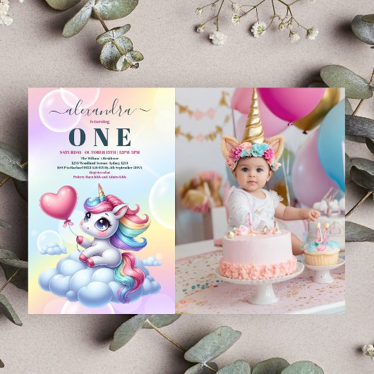 Foto Rainbow Unicorn Gold Glitter 1e Verjaardag Kaart