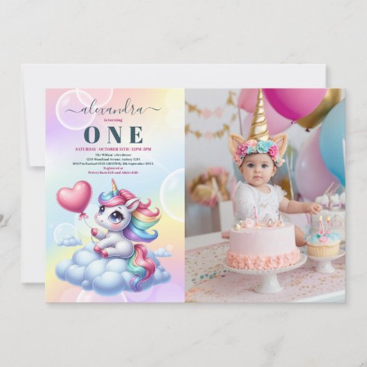 Foto Rainbow Unicorn Gold Glitter 1e Verjaardag Kaart (Voorkant)