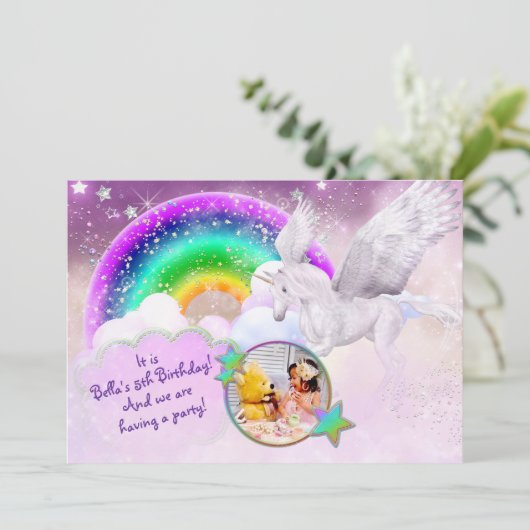 Foto Rainbow Unicorn Party Uitnodiging (Staand voorkant)