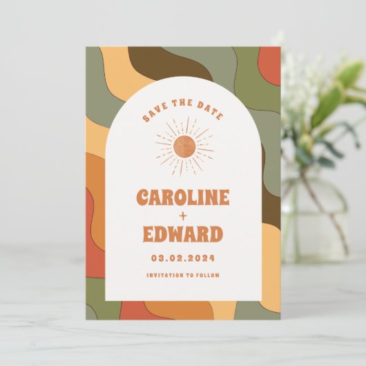 Foto Rainbow Wavy Groovy Bewaar de datum Qr-code Save The Date (Staand voorkant)