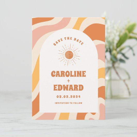 Foto Rainbow Wavy Groovy Bewaar de datum Qr-code Save The Date (Staand voorkant)