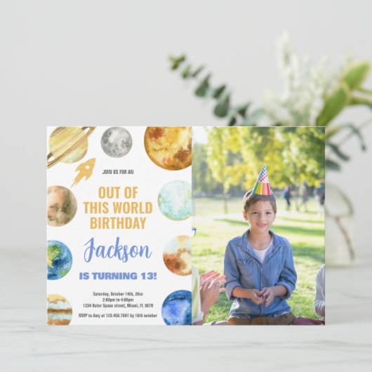 Foto Raket Outer Space Verjaardag Uitnodigingen (Staand voorkant)