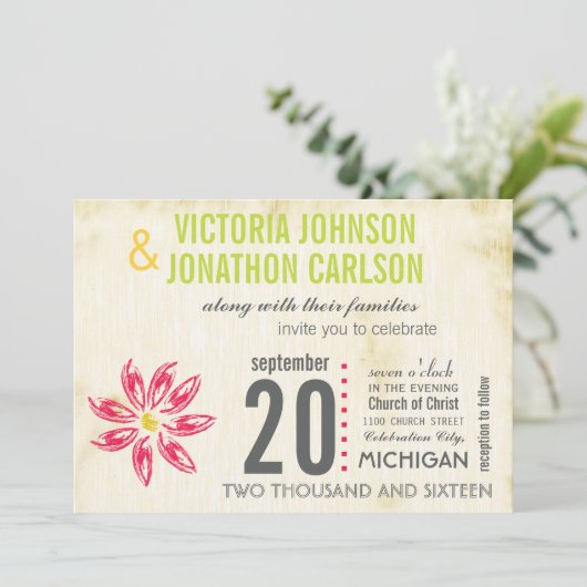 Foto: Raspberry Hand Drawn Daisy Wedding Invite Kaart (Staand voorkant)