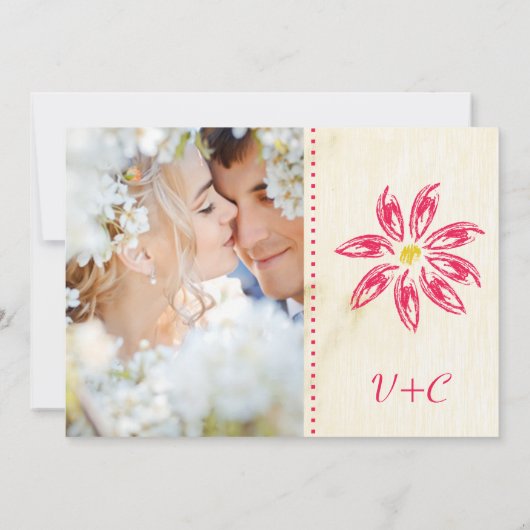 Foto: Raspberry Hand Drawn Daisy Wedding Invite Kaart (Achterkant)